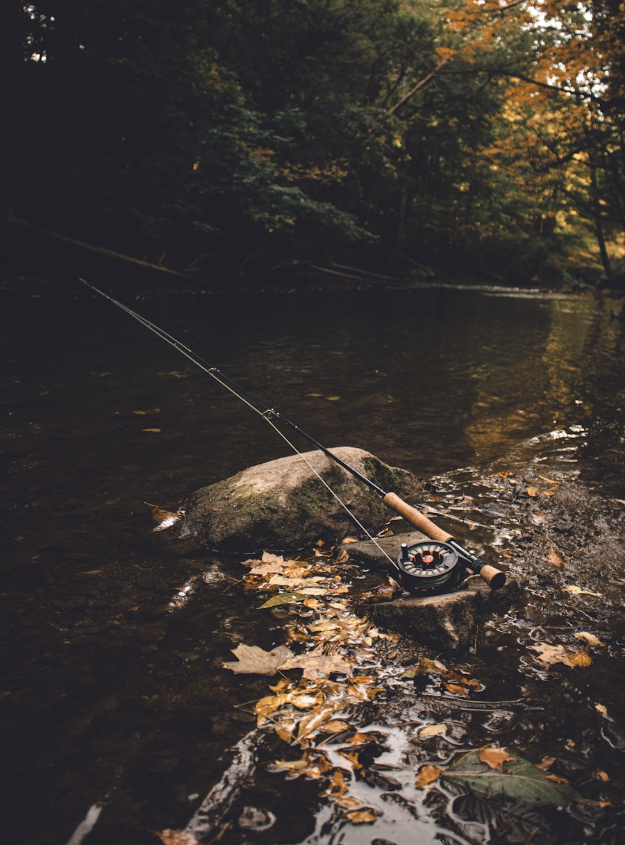 Fluefiskestang i mørk høstelv med fallende blader